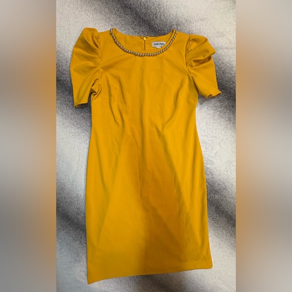 Shelby & Palmer Dresses & Skirts - Shelby & Palmer‎ Mustard Yellow Beaded Strand Neck Puff Sleeve Sheath Dress 12